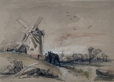 Lot 1203 - Henry Bright (1810-1873) ink, wash and black chalk heightened with white - Barge Horses before a Windmill
