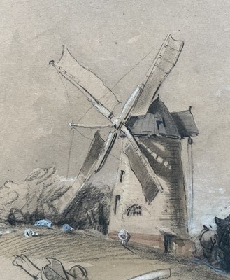 Lot 1203 - Henry Bright (1810-1873) ink, wash and black chalk heightened with white - Barge Horses before a Windmill