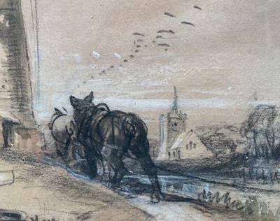 Lot 1203 - Henry Bright (1810-1873) ink, wash and black chalk heightened with white - Barge Horses before a Windmill