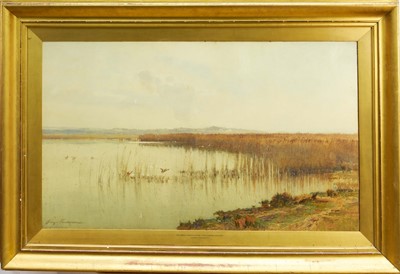Lot 1180 - George Cockram (1861-1950) large watercolour - Lake view at Maelog, Anglesey, signed, 60cm x 100cm, in glazed gilt frame