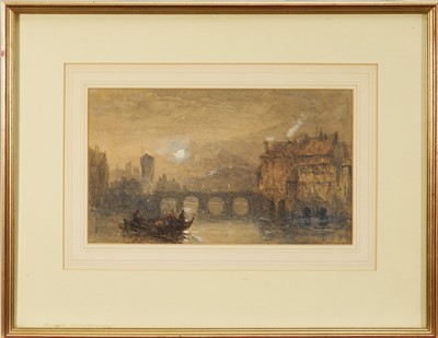 Lot 1178 - John Skinner Prout (1806-1876) watercolour - Bridge over a River Town, signed, 19cm x 32cm, in glazed gilt frame