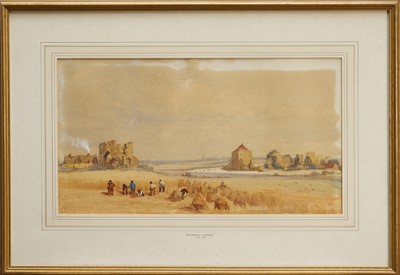 Lot 1172 - Thomas Lound (1802-1861) watercolour - Harvesting, 29cm x 52cm, in glazed gilt frame