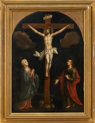 Lot 1161 - Italian School, 19th century, oil on arched panel, possibly alabaster - The Crucifixion, 40cm x 28cm, in gilt frame