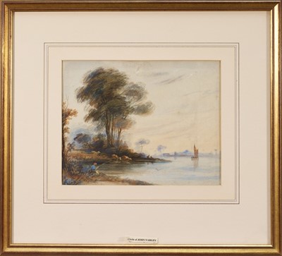 Lot 1200 - Circle of John Varley, 19th century, watercolour - Fishermen in Landscape, in glazed gilt frame