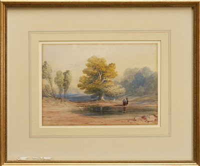 Lot 1193 - Thomas Miles Richardson Sen. (1784-1848) watercolour - Landscape with figures by a pond, initialled and dated 1839, 22cm x 31cm, in glazed gilt frame