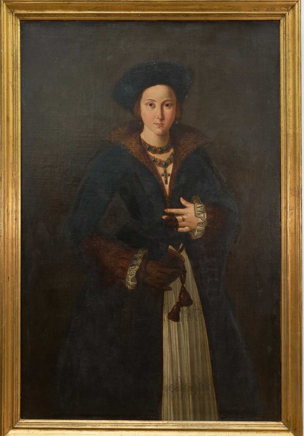 Lot 1041 - 17th/18th century School, oil on canvas - Portrait of an Elegant Renaissance Lady, three-quarter length, indistinctly inscribed verso