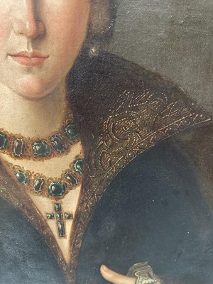 Lot 1041 - 17th/18th century School, oil on canvas - Portrait of an Elegant Renaissance Lady, three-quarter length, indistinctly inscribed verso