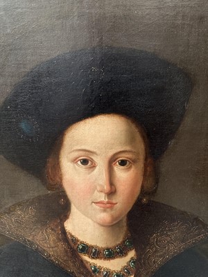 Lot 1041 - 17th/18th century School, oil on canvas - Portrait of an Elegant Renaissance Lady, three-quarter length, indistinctly inscribed verso