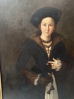 Lot 1041 - 17th/18th century School, oil on canvas - Portrait of an Elegant Renaissance Lady, three-quarter length, indistinctly inscribed verso