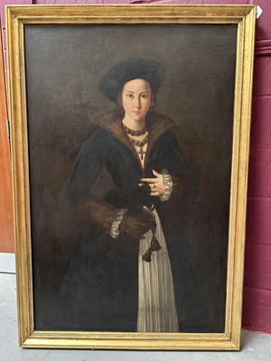 Lot 1041 - 17th/18th century School, oil on canvas - Portrait of an Elegant Renaissance Lady, three-quarter length, indistinctly inscribed verso