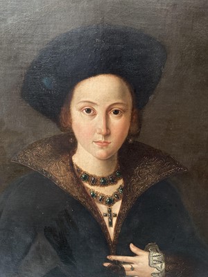 Lot 1041 - 17th/18th century School, oil on canvas - Portrait of an Elegant Renaissance Lady, three-quarter length, indistinctly inscribed verso