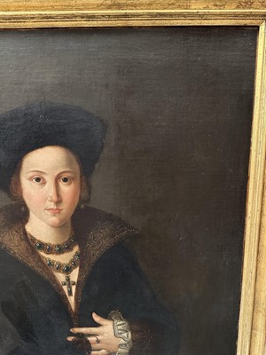 Lot 1041 - 17th/18th century School, oil on canvas - Portrait of an Elegant Renaissance Lady, three-quarter length, indistinctly inscribed verso