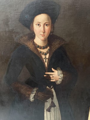 Lot 1041 - 17th/18th century School, oil on canvas - Portrait of an Elegant Renaissance Lady, three-quarter length, indistinctly inscribed verso