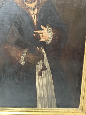 Lot 1041 - 17th/18th century School, oil on canvas - Portrait of an Elegant Renaissance Lady, three-quarter length, indistinctly inscribed verso