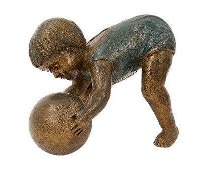 Lot 1119 - Olwen Gillmore, contemporary, bronzed resin sculpture ‘Boy with Ball’
