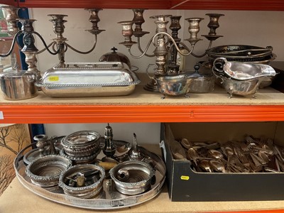 Lot 364 - Assorted silver plate to include boxed fish cutlery, ladle, oval gallery tray, spirit kettle on stand, assorted candlesticks etc