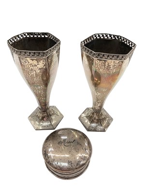 Lot 1180 - Pair of silver spill vases of hexagonal form and a silver jewellery box engraved 'Muriel'
