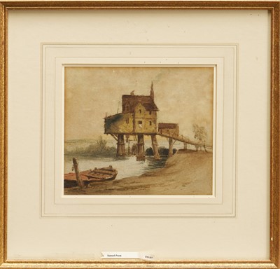 Lot 1192 - Circle of Samuel Prout (1783-1852) watercolour - Watermill at Charenton, 17cm x 19.5cm, in glazed gilt frame