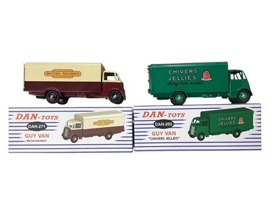 Lot 1613 - Dan-Toys Dinky Toys Guy Vans including Chivers Jellies No.265 & British Railways No.271 and Car de Police Secour Gris No.107, all boxed (3)