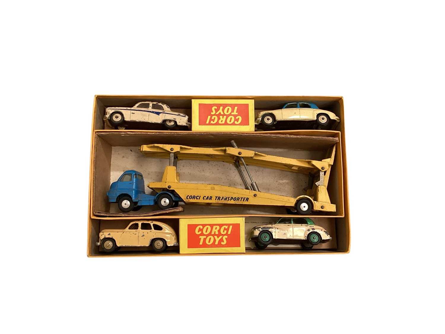 Lot 1503 - Corgi Major Toys Carrimore Car Transporter with four replacement Cars, boxed Gift Set No.1 & Car Transporter with Ford Tilt Cab "H" Series Tractor, boxed (poor) No.1138 (2)