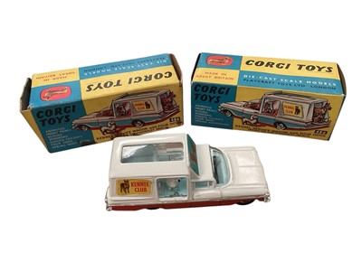 Lot 1570 - Corgi Toys Kennel Service Wagon (based on the Chevrolet Impala) with four dogs (two poodles - sitting mongrel missing), two boxes No.486, plus Rice's Beaufort Double Horse Box (no horses), boxed...