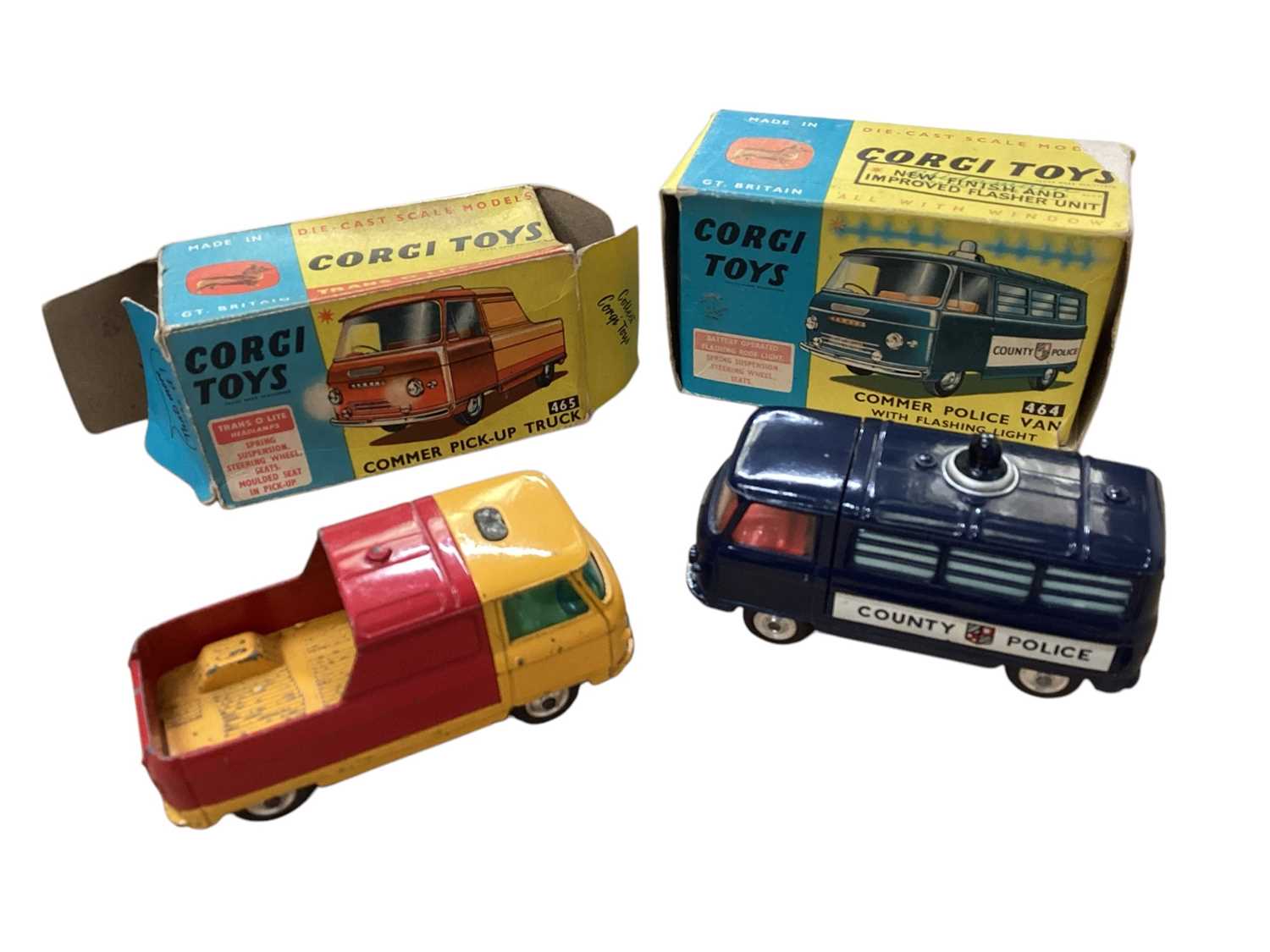Lot 1567 - Corgi Toys Commer Police Van No.464 & Pick-Up Truck No.465, Ford Thames Airborne Caravan No.420 (x2), Volkswagen Breakdown Truck No,490, ERF Model 44G Platform Lorry No.457 & Model 64G E...