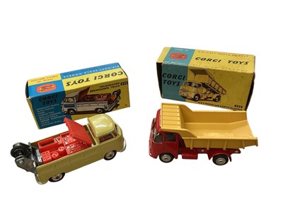 Lot 1567 - Corgi Toys Commer Police Van No.464 & Pick-Up Truck No.465, Ford Thames Airborne Caravan No.420 (x2), Volkswagen Breakdown Truck No,490, ERF Model 44G Platform Lorry No.457 & Model 64G E...