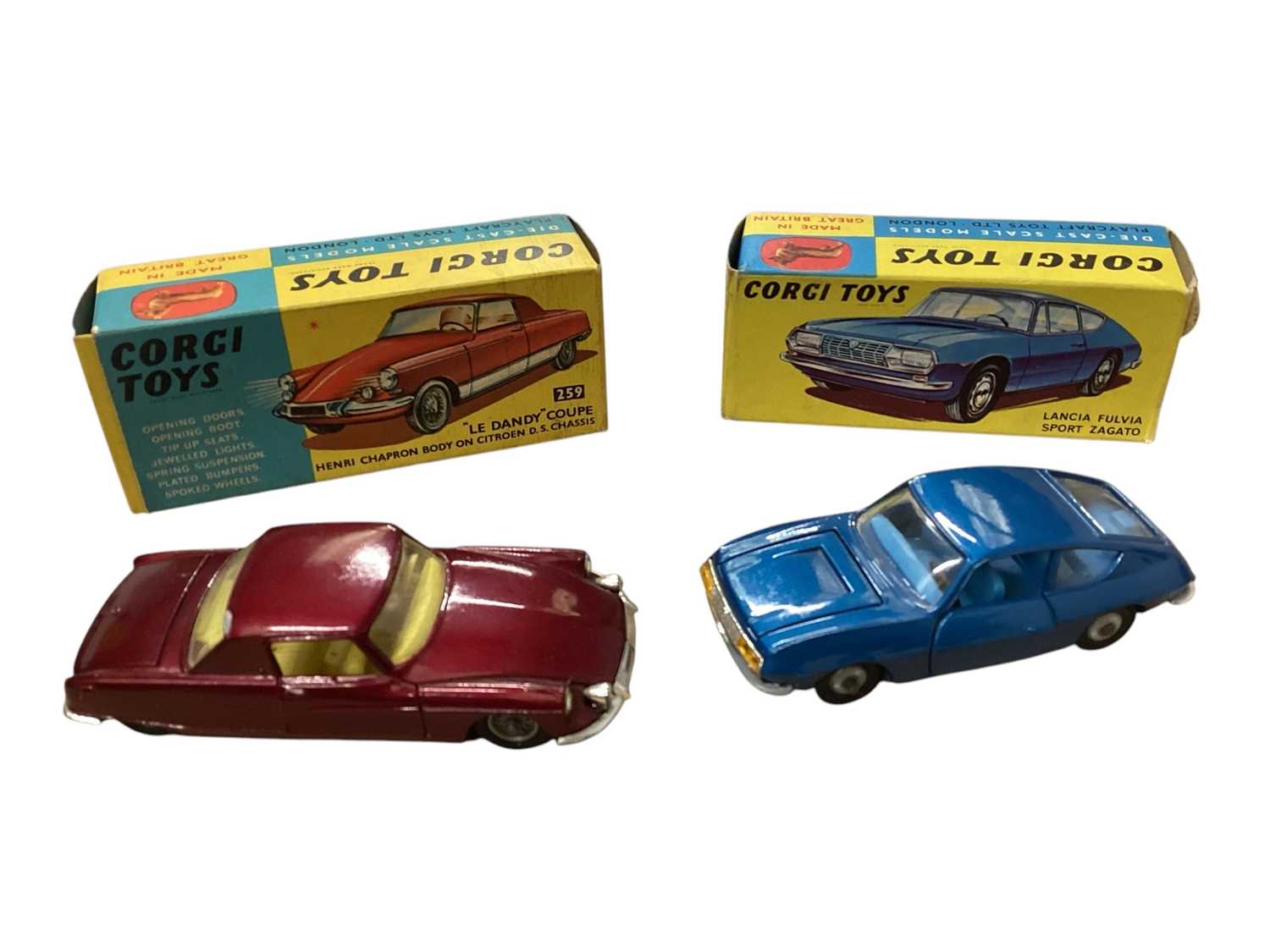 Lot 1569 - Corgi Toys Ghia L.6.4 No.241 (x2), Le Dandy Coupe No.259, Lancia Fulvia Sport Zagato No.332, Rover 2000 No.252, Fiat 2100 No.232, Volkswagen 1500 Karman Gaia No.239, Austin A40 Saloon No.216, Au...