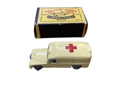 Lot 1602 - Matchbox 1-75 Series (A Moko Lesney) Ambulance No.14, Berkeley Cavalier Caravan No.23 (x2), Bedford Dunlop Van No.25, Bedford Milk Float No.29, Volkswagen Matchbox International Express No.34 &am...