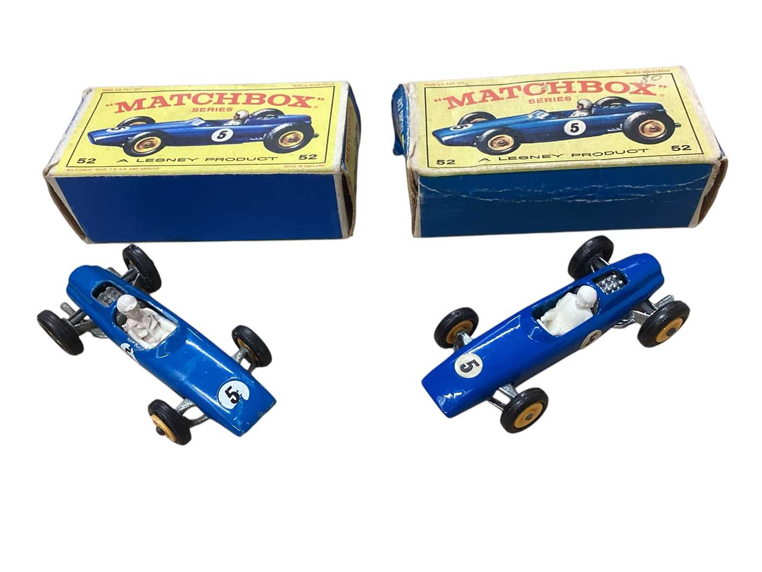 Lot 1605 - Matchbox 1-75 Series BRM Racing Car No.52 (x2), Ford GT Racer No.41, E Type Jaguar No.32, Police Patrol Car No.55 & Fire Chief No.59, all boxed (6)