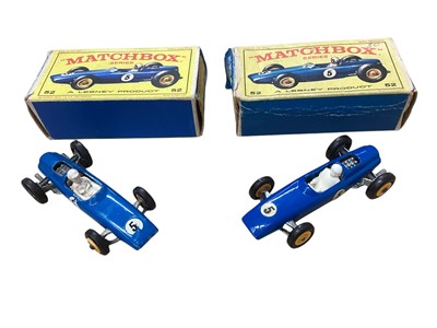 Lot 1605 - Matchbox 1-75 Series BRM Racing Car No.52 (x2), Ford GT Racer No.41, E Type Jaguar No.32, Police Patrol Car No.55 & Fire Chief No.59, all boxed (6)