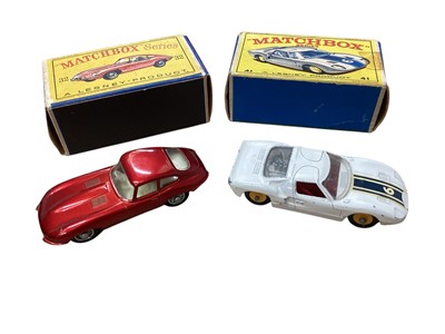 Lot 1605 - Matchbox 1-75 Series BRM Racing Car No.52 (x2), Ford GT Racer No.41, E Type Jaguar No.32, Police Patrol Car No.55 & Fire Chief No.59, all boxed (6)