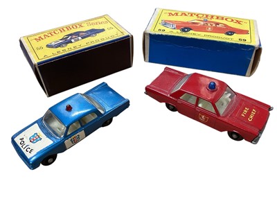 Lot 1605 - Matchbox 1-75 Series BRM Racing Car No.52 (x2), Ford GT Racer No.41, E Type Jaguar No.32, Police Patrol Car No.55 & Fire Chief No.59, all boxed (6)