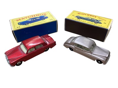 Lot 1607 - Matchbox 1-75 Series Rolls Royce Phantom V No.44, Rolls Royce Silver Shadow No.24, Ford Corsair with boat No.45, Ford Station Wagon No.31, MG 1100 No.64 & Mark 10 Jaguar No.28, all boxed (6)<...