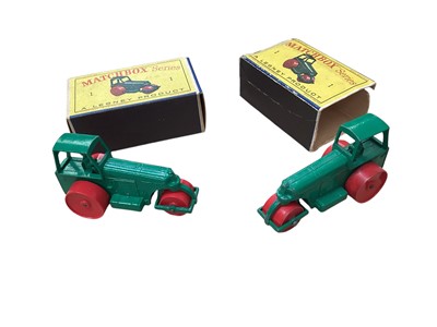 Lot 1608 - Matchbox 1-75 Series Diesel Road Roller No.1 (x2), 8 Wheel Tipper Hoveringham No.17, Grit Spreading Truck No.70, Drott Exacvator No.58, Aveling-Barford Tractor Shovel No.43, Cataerpillar Bulldoz...
