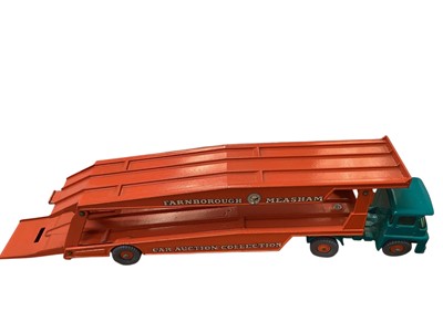 Lot 1610 - Matchbox King Size Series Allis Chambers Motor Scraper No.6, Farnborough Measham Car Auction Collection Guy Warrior Car Transporter No.K-8 & Racing Car Transporter M-6 (tyre missing), all bo...