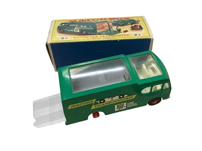 Lot 1610 - Matchbox King Size Series Allis Chambers Motor Scraper No.6, Farnborough Measham Car Auction Collection Guy Warrior Car Transporter No.K-8 & Racing Car Transporter M-6 (tyre missing), all bo...