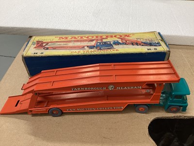 Lot 1610 - Matchbox King Size Series Allis Chambers Motor Scraper No.6, Farnborough Measham Car Auction Collection Guy Warrior Car Transporter No.K-8 & Racing Car Transporter M-6 (tyre missing), all bo...