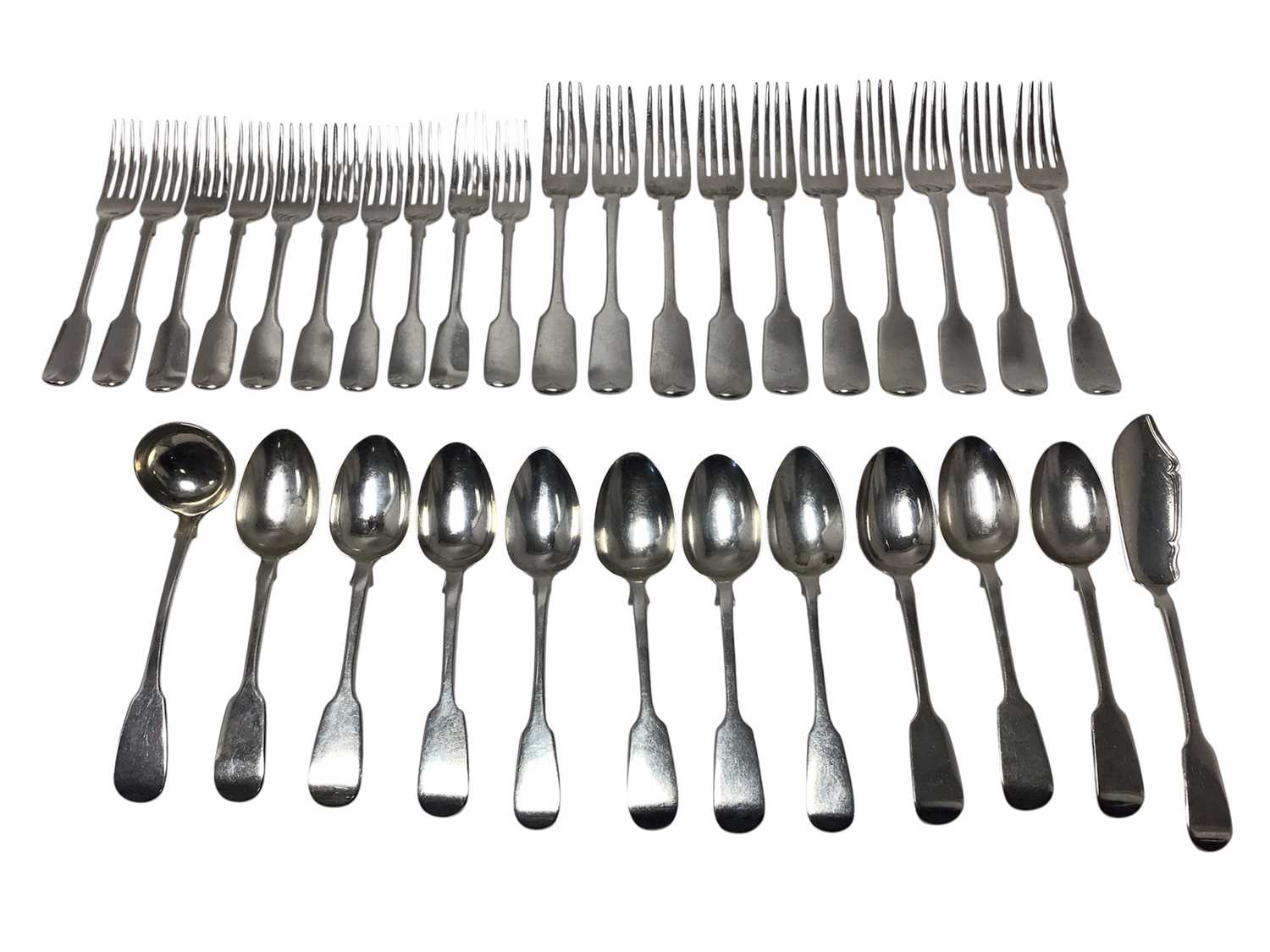 Lot 219 - Selection of Georgian and Victorian silver fiddle pattern flatware, all at 85ozs