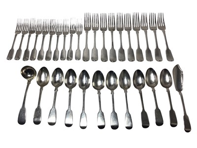 Lot 219 - Selection of Georgian and Victorian silver fiddle pattern flatware, all at 85ozs