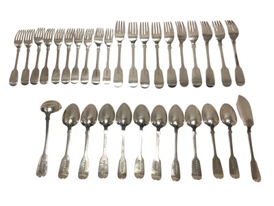 Lot 219 - Selection of Georgian and Victorian silver fiddle pattern flatware, all at 85ozs