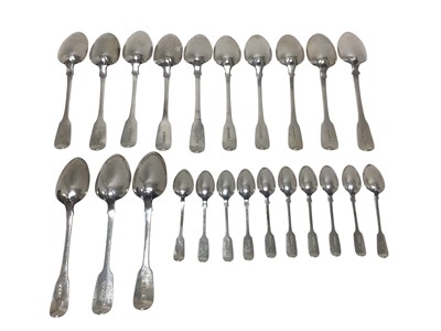 Lot 219 - Selection of Georgian and Victorian silver fiddle pattern flatware, all at 85ozs