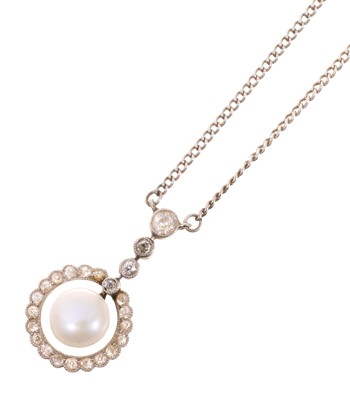 Lot 733 - Edwardian diamond and pearl pendant with chain in original fitted box