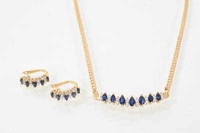 Lot 690 - Sapphire and diamond necklace and matching earrings in 14ct gold setting