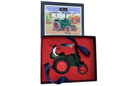 Lot 1682 - Britains Vintage Vehicles Series Marshall "M" Tractor, boxed No.00172, Farm Implements including Muledozer No.9535 & Cultivator No.9536 and Ford Superkings Major 5000 tractor , on plinth onl...