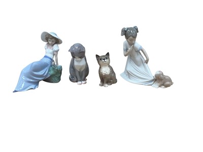 Lot 959 - Royal Copenhagen model of a cat, no. 435, together with other figures including Nao, Beswick etc, trinket boxes, glass and other ornaments (1 box)