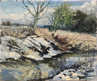 Lot 951 - *Charles Debenham (b.1933) oil on canvas - Stream near Boxted, Winter, signed and dated '70, inscribed verso, 25.5cm x 30.5cm, unframed