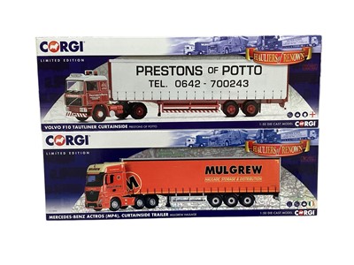 Lot 1623 - Corgi Limited Edition 1:50 scale Hauliers of Renown Mercedes-Benz Actros (MP4) Super Trailer No.CC15808, Volvo FH, Curtainside Trailer No.CC16003, Volvo F10 Tautliner Curtainside No.CC15502 &amp...