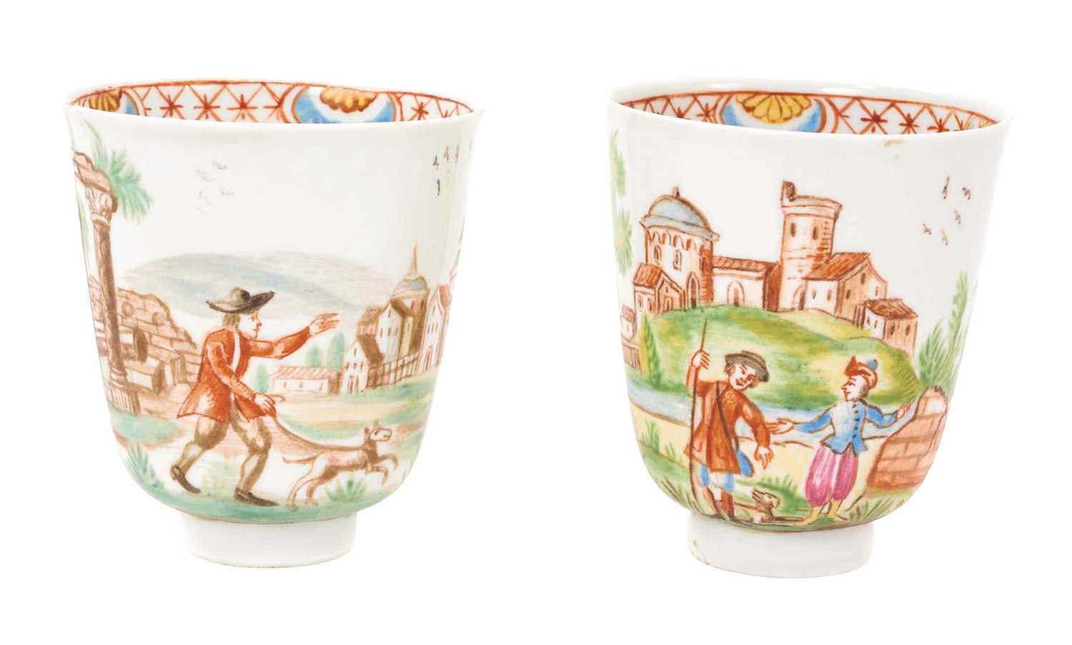 Lot 222 - An exceptionally rare pair of Italian Vezzi porcelain chocolate beakers, circa 1720-1727.