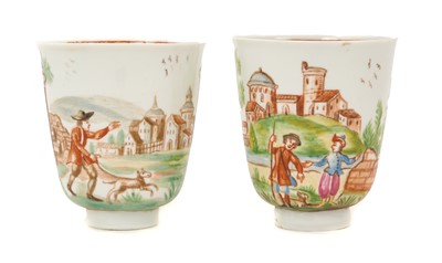 Lot 222 - An exceptionally rare pair of Italian Vezzi porcelain chocolate beakers, circa 1720-1727.